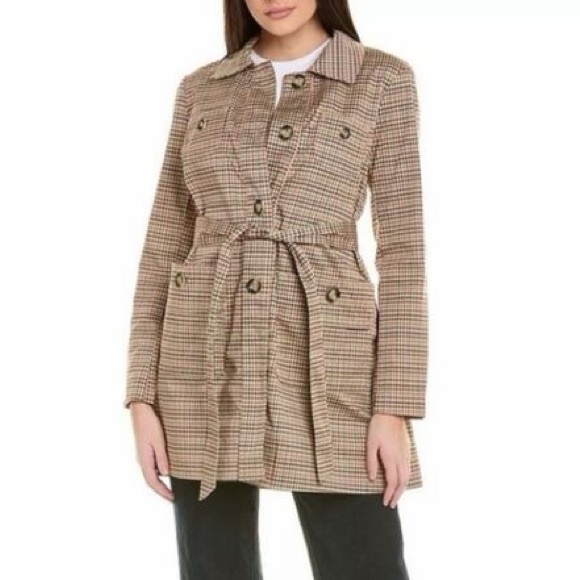 CAbi Jackets & Blazers - Cabi Houndstooth Print Beige Trench Coat Belted XL Preppy Spring